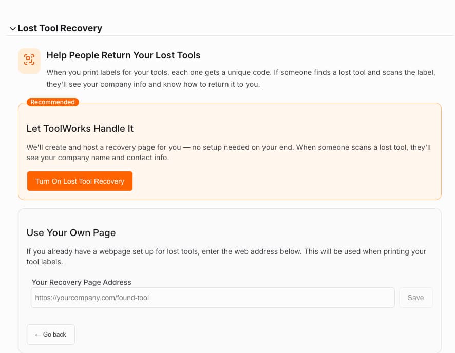 Lost Tool Recovery Settings