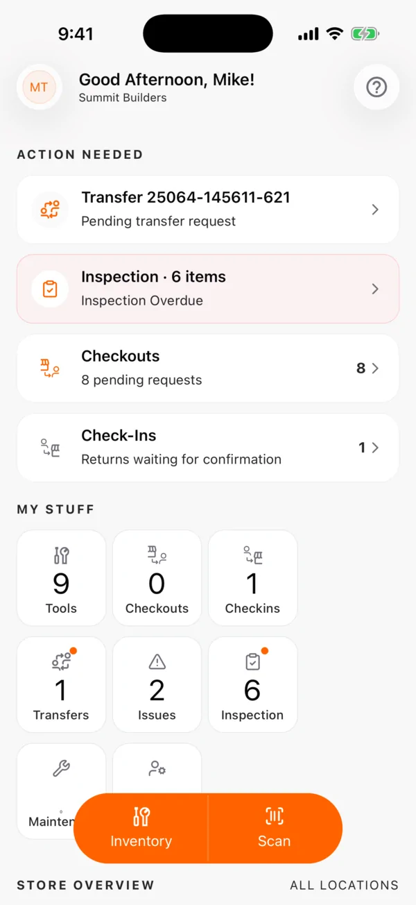 ToolWorks mobile app home screen with actions needed