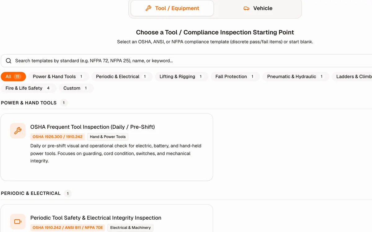Checklist template picker with OSHA, ANSI and NFPA presets