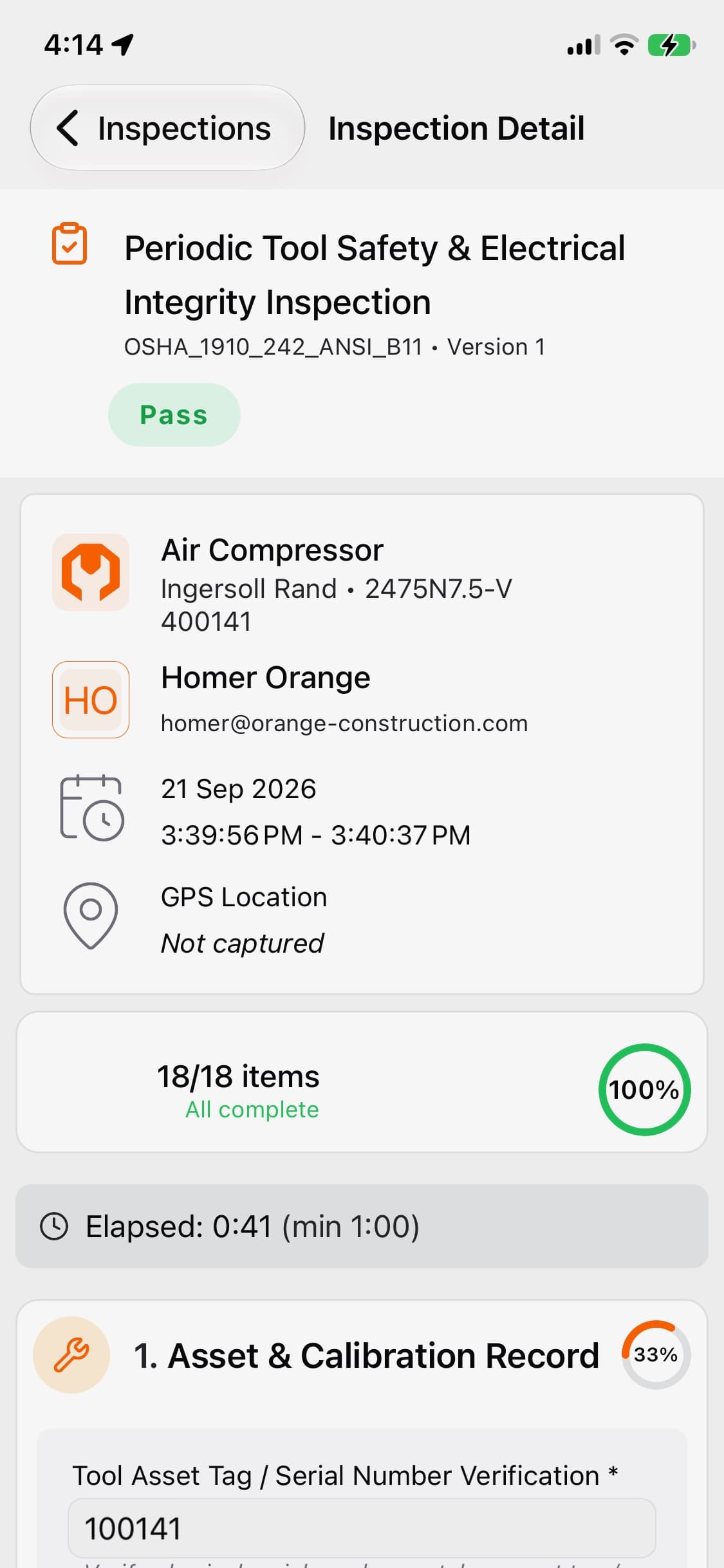 Inspection detail view in ToolWorks mobile app